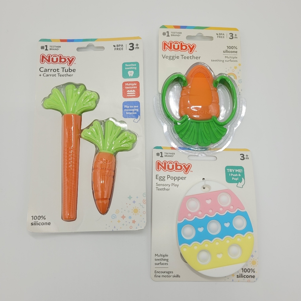 Nuby Teether Set Of 3 Silicone Teethers Carrot Veggie Easter Egg Popper 3mo+ NEW